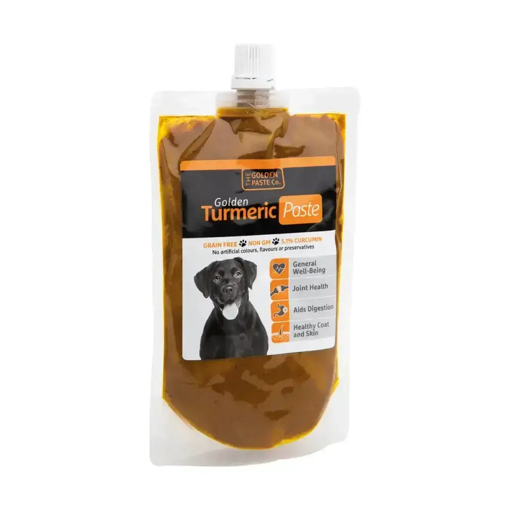 A white resealable pouch of golden paste from the golden paste co with black pepper and apple cider vinegar for dogs