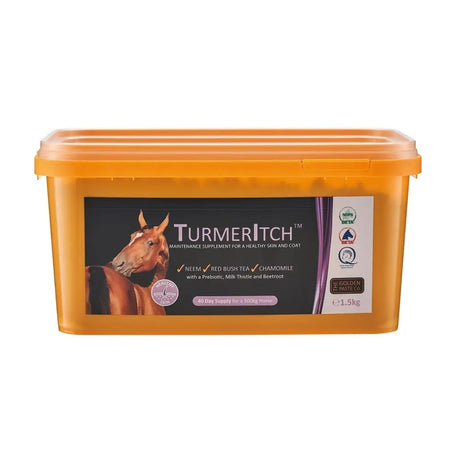 Orange plastic container of golden paste company turmeritch horse supplements for healthy skin and coat maintenance