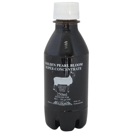Black plastic bottle with white cap labeled golden pearl bloom super concentrate featuring silver sheep illustration for pearl bloom dip 1-80 phenol-based dip