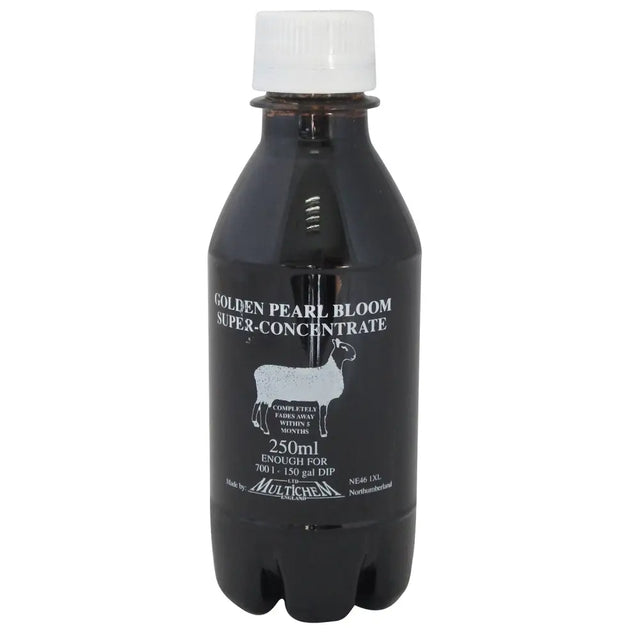 Black plastic bottle with white cap labeled golden pearl bloom super concentrate featuring silver sheep illustration for pearl bloom dip 1-80 phenol-based dip