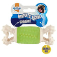 Green and white bone-shaped good boy chew toy with textured surface for gnawing and shaking fun