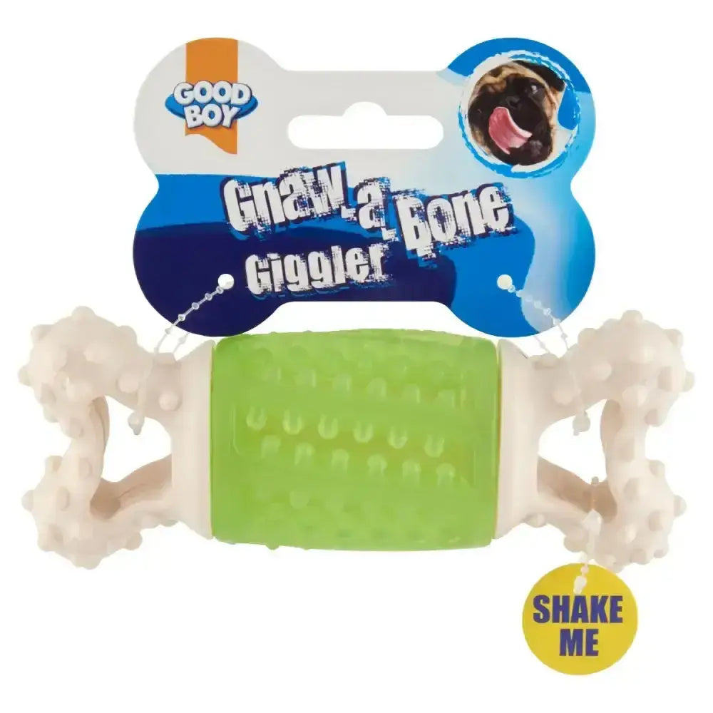 Green and white bone-shaped good boy chew toy with textured surface for gnawing and shaking fun