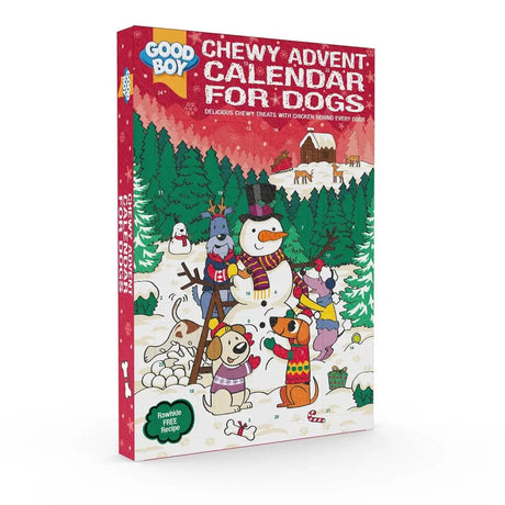 Good boy chewy chewy advent calendar for dogs in red and white with festive cartoon dogs and delicious chewy treats