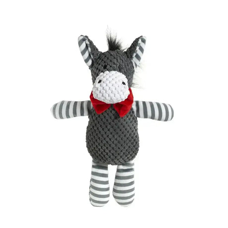 Gray knitted good boy cuddle donkey plush with striped limbs white textured face and red bow tie cuddle friend donkey
