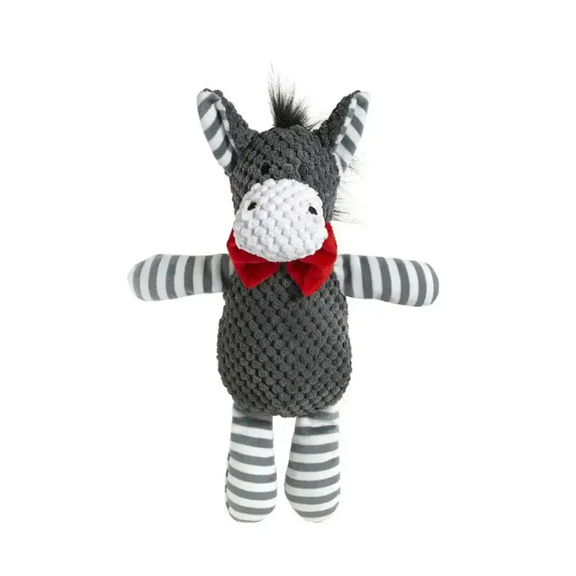 Gray knitted good boy cuddle donkey plush with striped limbs white textured face and red bow tie cuddle friend donkey