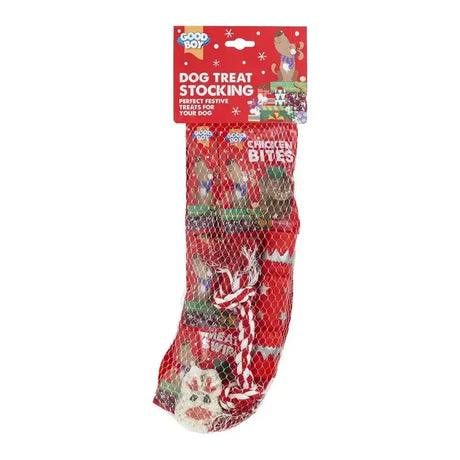 Red good boy deluxe dog treat stocking with festive design and mesh packaging perfect for holiday dogs