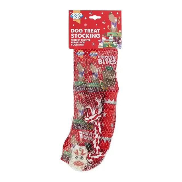 Red good boy deluxe dog treat stocking with festive design and mesh packaging perfect for holiday dogs