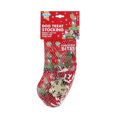 Good boy dog treat stocking in red mesh filled with chicken bites is a great christmas gift for pups