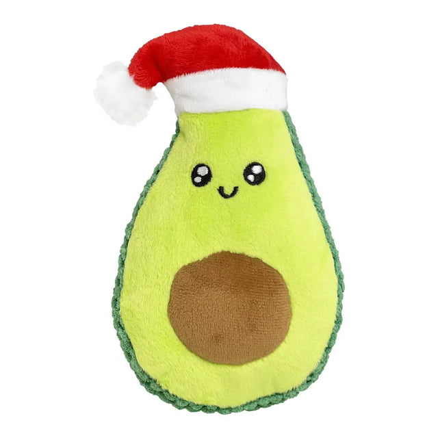 Good boy festive avocado plush dog toy in soft green fabric with santa hat for interactive play and holiday fun