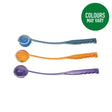 Three colorful translucent plastic good boy fetch ball-istic throwers with textured grips and matching handles for fetch fun