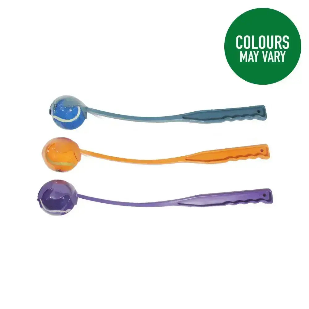 Three colorful translucent plastic good boy fetch ball-istic throwers with textured grips and matching handles for fetch fun
