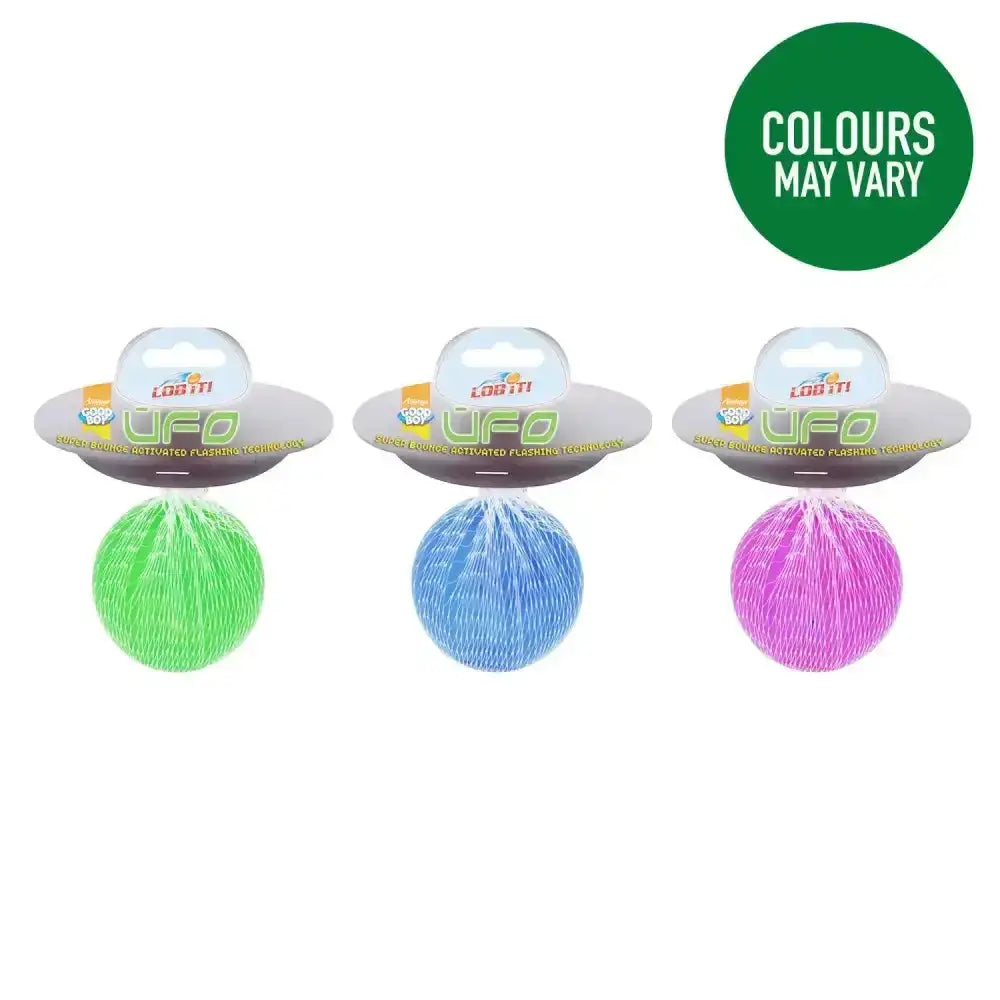 Brightly colored fuzzy ufo-shaped good boy fetch lob it ufo balls in green blue and pink for fetch lob play