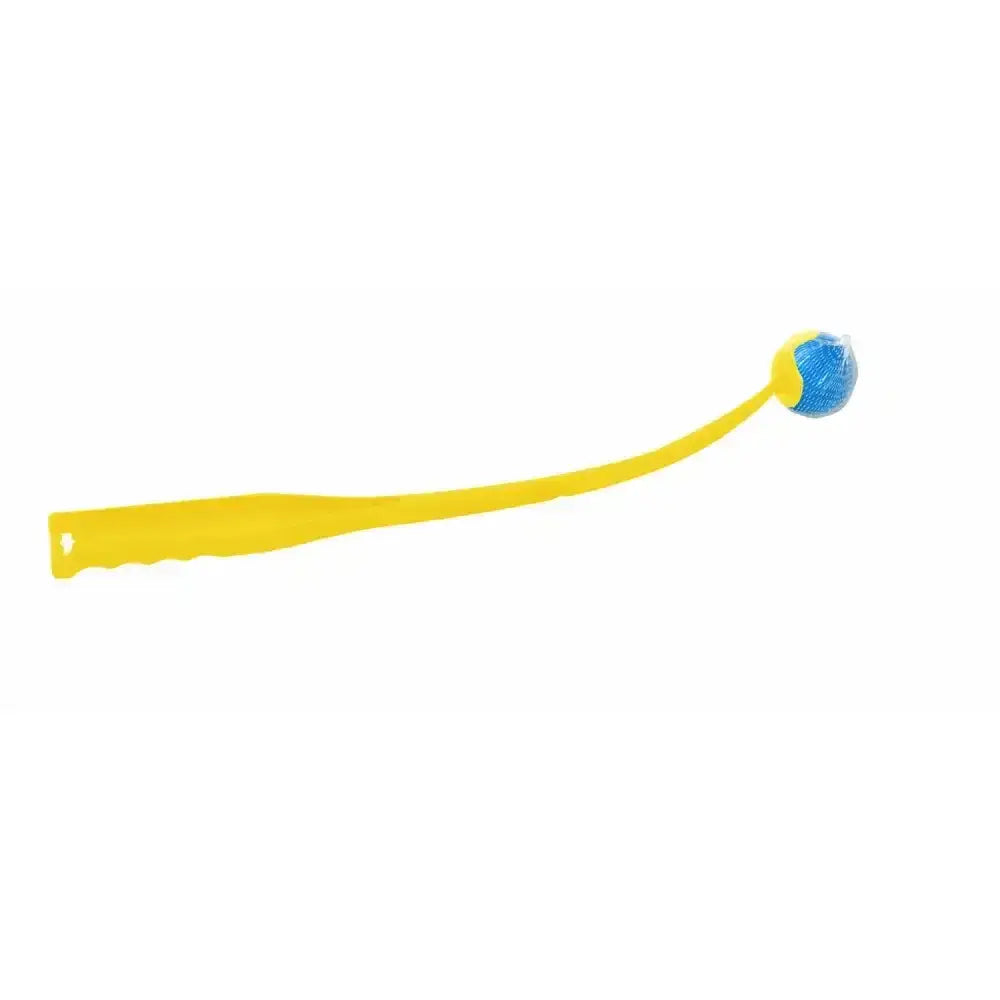 Yellow plastic good boy fetch cat toy with a blue textured ball for fetch lob play and interactive fun