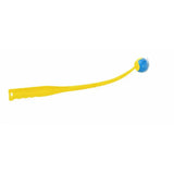 Yellow plastic good boy fetch cat toy with a blue textured ball for fetch lob play and interactive fun