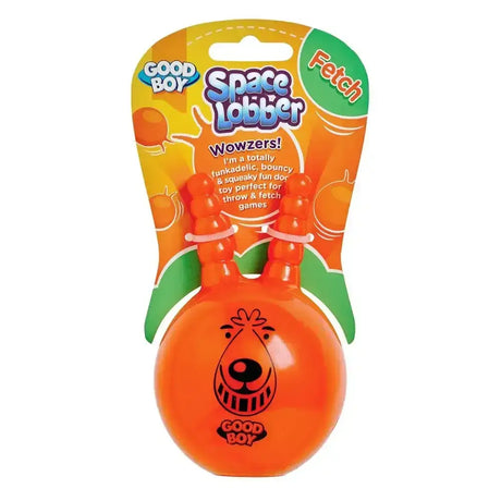 Bright orange glossy plastic space lobber dog toy with cartoon face and handles from good boy fetch space lobber line