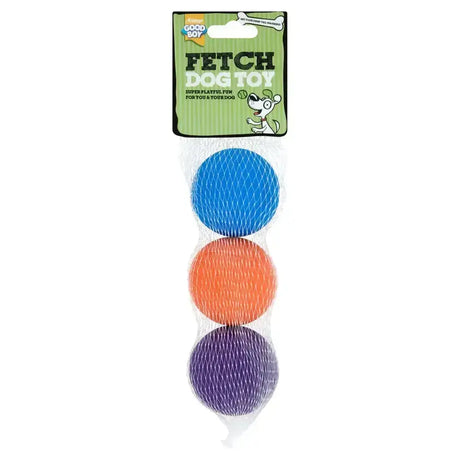 Good boy fetch sponge balls are three colorful rubber fetch sponge balls in blue orange and purple for interactive fun