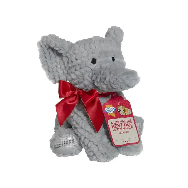 Gray plush good boy gift elephant with shiny silver foot and red satin bow around its neck