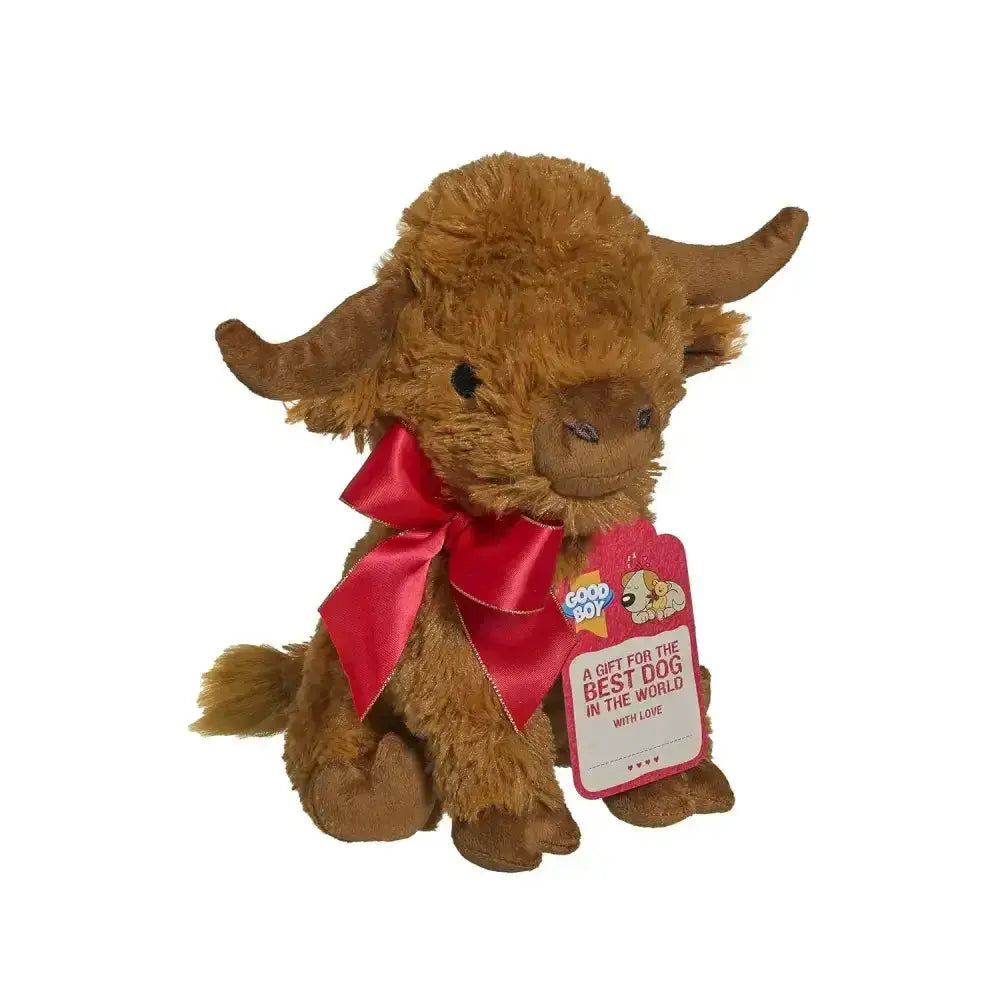 A plush brown highland cow toy gift highland cow with a shiny red satin bow and good boy tag for boy gift highland