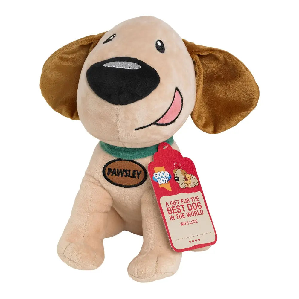 A beige plush pawsley dog toy puppy with brown ears green collar and gifting tag perfect for boy gift pawsley