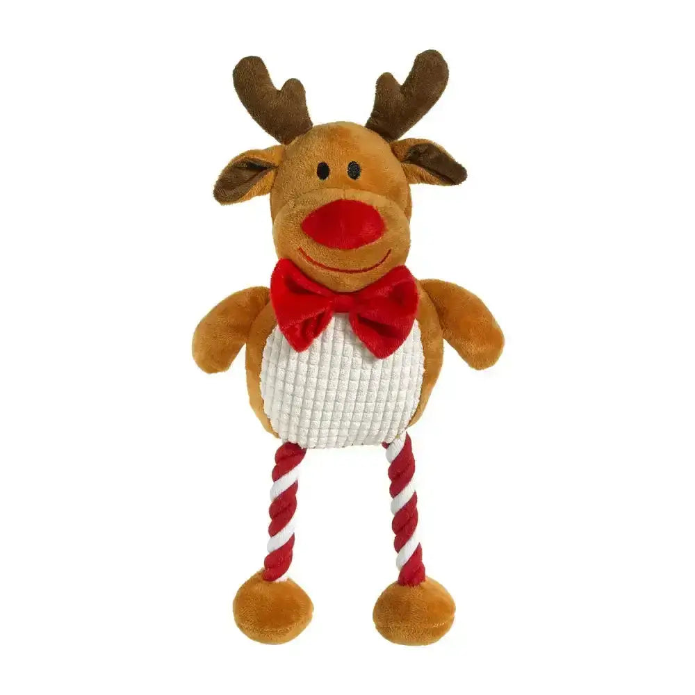 A plush good boy hug tug reindeer with brown fur red nose antlers white vest and red white rope legs