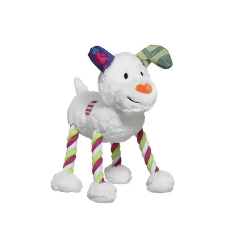 White plush snowman dog toy with striped rope legs carrot nose and patterned ears good boy hug tug toy