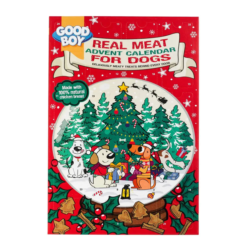 Red good boy real meat advent calendar 100g with festive snow globe scene and cartoon dogs around christmas tree