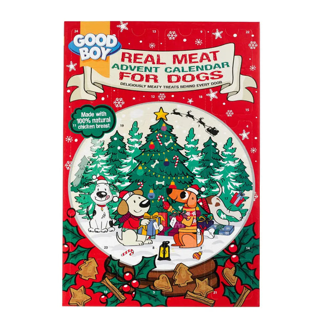 Red good boy real meat advent calendar 100g with festive snow globe scene and cartoon dogs around christmas tree