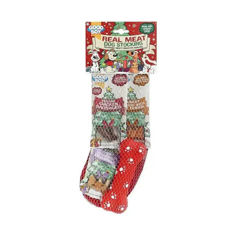 Red good boy real meat dog stocking filled with festive meat treats in a holiday net bag for pets