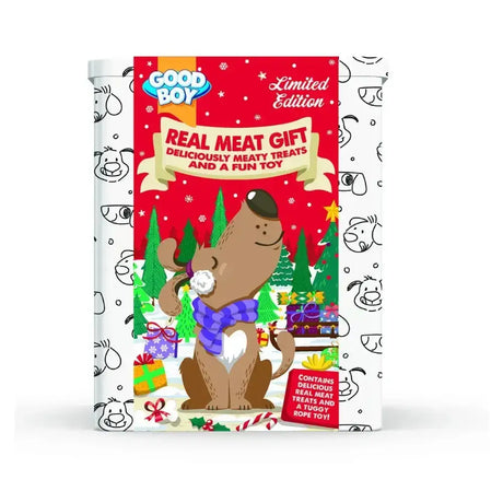 Red and white holiday-themed good boy real meat gift tin featuring a cartoon dog with meat treats in a blue scarf