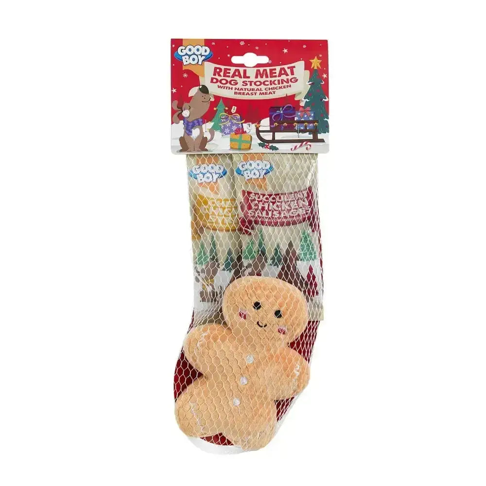 A plush gingerbread man dog toy made of soft fabric with embroidered details in a festive good boy real meat stocking package