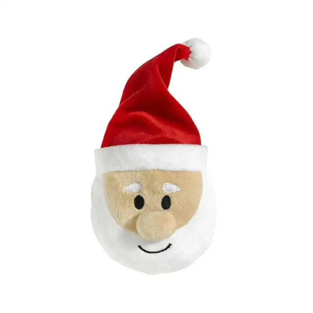 A plush good boy santa face with a red velvet hat white fur trim and embroidered features on a santa ball soft