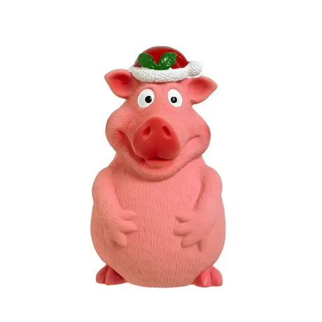 Pink rubber good boy smiley christmas pig toy wearing a red and white santa hat with green holly