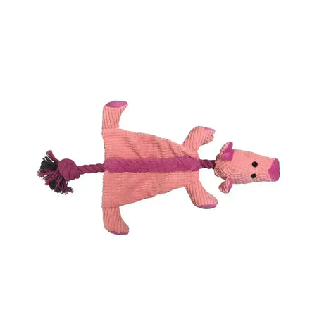 Good boy soft raggy crinkle pig pink corduroy dog toy with purple rope tail and black tassel for chewing fun