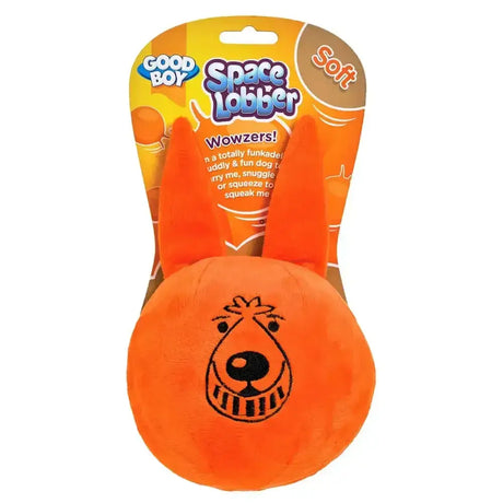Bright orange plush soft space lobber dog toy with long ears and smiling face from good boy space lobber
