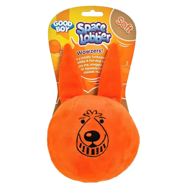 Bright orange plush soft space lobber dog toy with long ears and smiling face from good boy space lobber