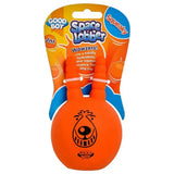 Bright orange rubbery good boy squeaky space lobber dog toy with black cartoon lobster face printed for play