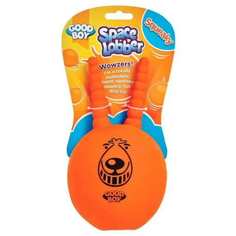 Bright orange squishy good boy squeaky dog toy with a cartoon lobster face called squeaky space lobber