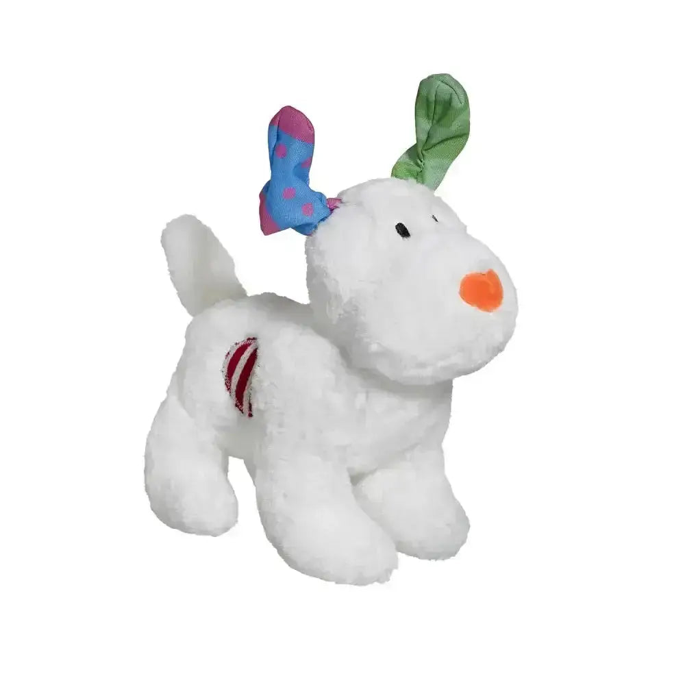 White plush reindeer toy from good boy snowdog soft with colorful ears and red-striped patch perfect for equestrian fans