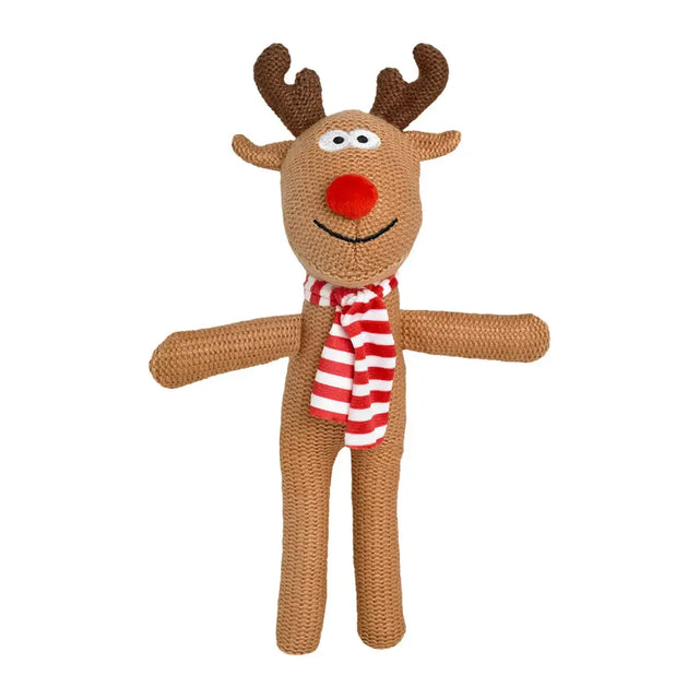 A knitted brown woollie reindeer plush toy with antlers, red nose, and striped scarf in a festive reindeer design