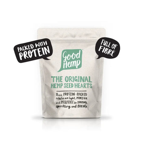 A beige resealable pouch of good hemp company hemp seed hearts packed with protein and full of fibre