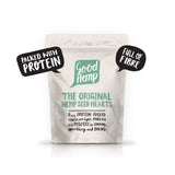 A beige resealable pouch of good hemp company hemp seed hearts packed with protein and full of fibre