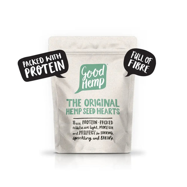 A beige resealable pouch of good hemp company hemp seed hearts packed with protein and full of fibre