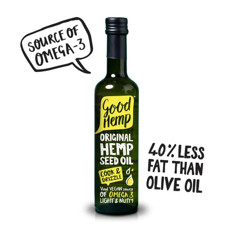 A dark green glass bottle of good hemp original hemp seed oil with a black cap and yellow label with white text