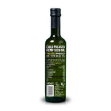 Dark green glass bottle of good hemp original hemp seed oil with black screw-top cap and white label