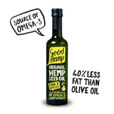 A dark green glass bottle of good hemp original hemp seed oil with a black cap and yellow label with white text