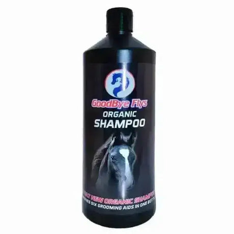 Black plastic bottle of goodbye flys organic horse shampoo with a horse image on the label for horses goodbye flys