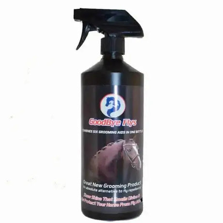 Black spray bottle labeled goodbye flies with six horse grooming aids for fly sprays complying with fei competition rules