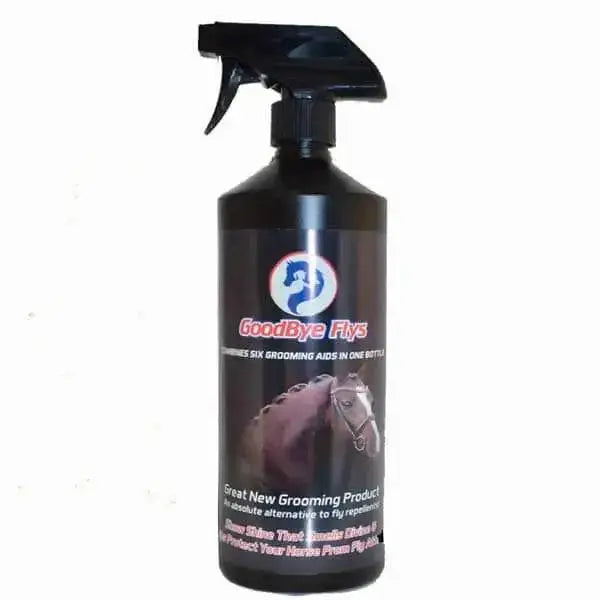 Black spray bottle labeled goodbye flies with six horse grooming aids ideal for fly sprays and fei competition rules compliance