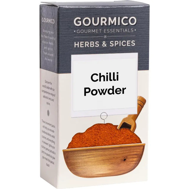 Gourmico chilli powder in cardboard box with orange-red powder in wooden bowl and scoop, perfect for gourmico tarragon fans