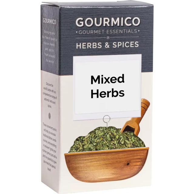 Gourmico mixed herbs package in a sleek dark gray and cream box featuring dried green herbs in a wooden bowl